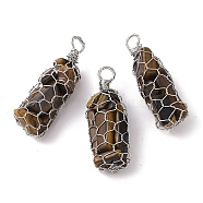 Rack Plating Copper Wire Wrapped Natural Tiger Eye Chip Big Pendants, Macrame Gems Charms, Cadmium Free & Lead Free, Platinum, 45.5~56x17~20x17~22mm, Hole: 5~6.5mm(G-C130-01P-01)