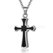 Stainless Steel Black Enamel Cross Pendant Urn Ashes Necklaces, Mini Cinerary Casket Pendant Cable Chain Necklaces, Stainless Steel Color, 1.38x0.91 inch(3.5x2.3cm)(PW-WGDC362-01)