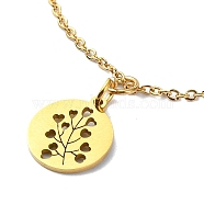 304 Stainless Steel Pendant Necklaces, Flat Round with Flower, Golden, 15.75 inch(40cm)(NJEW-B078-03G)