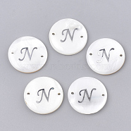 Freshwater Shell Links connectors, with Brass Findings, Flat Round, Platinum, Letter.N, 20~21x3mm, Hole: 1.2mm(SHEL-S274-22N-P)
