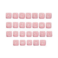 26Pcs 26 Style Silicone Alphabet Beads for Bracelet or Necklace Making, Letter Style, Cube, Pink, 12x12x12mm, Hole: 3mm, 1pc/style(SIL-SZ0001-01B)