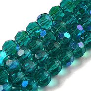 Electroplate Transparent Glass Beads Strands, Faceted, Round, Rainbow Plated, Dark Turquoise, 8mm, Hole: 1mm, about 66~69pcs/strand, 19.29~19.57 inch(49~49.7cm)(EGLA-A035-T8mm-L12)