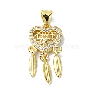 Rack Plating Real 18K Gold Plated Brass Micro Pave Clear Cubic Zirconia Pendants, Long-Lasting Plated, Lead Free & Cadmium Free, Woven Net/Web with Feather, Heart, 22x11x2mm, Hole: 3.5x4mm(KK-B084-13G-02)