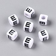 Large Hole Acrylic Letter European Beads, Horizontal Hole, White & Black, Cube with Letter.E, 6x6x6mm, Hole: 4mm, about 2950pcs/500g(SACR-Q103-6mm-01E)