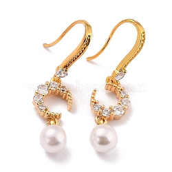 Moon with Imitation Pearl Beads Sparkling Cubic Zirconia Dangle Earrings for Her, Brass Earrings for Gift, Real 18K Gold Plated, 40mm, Pin: 0.9mm(ZIRC-C025-26G)