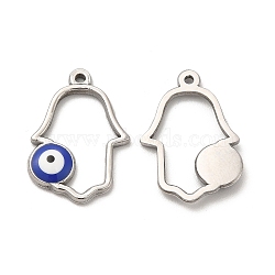 201 Stainless Steel Pendants, with Enamel, Hamsa Hand, Evil Eye, Stainless Steel Color, 21.5x15x2.5mm, Hole: 1mm(STAS-J401-VF671-1)