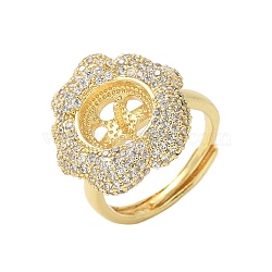 Flower Brass Micro Pave Cubic Zirconia Adjustable Ring Settings, for Half Drilled Beads, Rack Plating, Long-Lasting Plated, Lead Free & Cadmium Free, Golden, Inner Diameter: 16.6mm, Pin:4.5x1mm(KK-K297-03G)