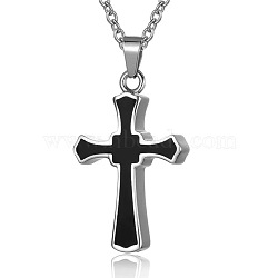 Stainless Steel Black Enamel Cross Pendant Urn Ashes Necklaces, Mini Cinerary Casket Pendant Cable Chain Necklaces, Stainless Steel Color, 1.38x0.91 inch(3.5x2.3cm)(PW-WGDC362-01)