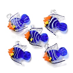 Handmade Lampwork Pendants, Fish Charms, Blue, 37~46x38~42x11~14mm, Hole: 2.5mm(LAMP-S068-09A)