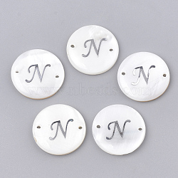 Freshwater Shell Links connectors, with Brass Findings, Flat Round, Platinum, Letter.N, 20~21x3mm, Hole: 1.2mm(SHEL-S274-22N-P)