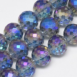 Electroplate Glass Beads Strands, Rainbow Plated, Frosted, Faceted, Round, Royal Blue, 12mm, Hole: 1.5mm, about 50pcs/strand, 22.05 inch(EGLA-Q086-12mm-03)