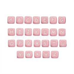 26Pcs 26 Style Silicone Alphabet Beads for Bracelet or Necklace Making, Letter Style, Cube, Pink, 12x12x12mm, Hole: 3mm, 1pc/style(SIL-SZ0001-01B)