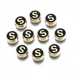Alloy Enamel Beads, Cadmium Free & Lead Free, Light Gold, Flat Round with Alphabet, Black, Letter.S, 8x4mm, Hole: 1.5mm(ENAM-N052-006-02S-RS)