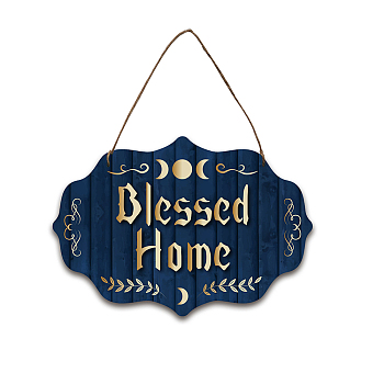 Wood Hanging Wall Decorations, with Jute Twine, Word Blessed Home, 186x269x5mm