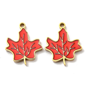 304 Stainless Steel Pendants, with Enamel, Maple Leaf Charms, Real 14K Gold Plated, 15.5x13x1.5mm, Hole: 1.4mm