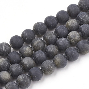 Natural Golden Sheen Obsidian Beads Strands, Frosted, Round, 4mm, Hole: 1mm, about 96pcs/strand, 15.5 inch