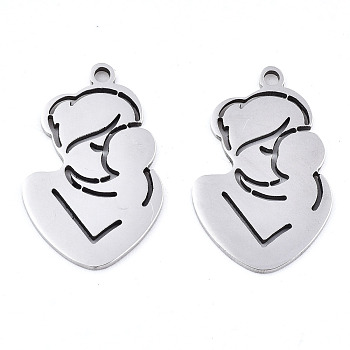 Mother's Day 201 Stainless Steel Pendants, Laser Cut, Infant & Mom, Stainless Steel Color, 21.5x13.5x0.9mm, Hole: 1.4mm