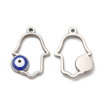 201 Stainless Steel Pendants, with Enamel, Hamsa Hand, Evil Eye, Stainless Steel Color, 21.5x15x2.5mm, Hole: 1mm