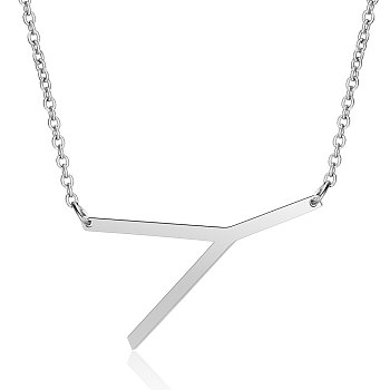 201 Stainless Steel Initial Pendants Necklaces, with Cable Chains, Letter, Letter.Y, 17.3~18.3 inch(44~46.5cm)x1.5mm, LetterY: 37.5x22x1mm
