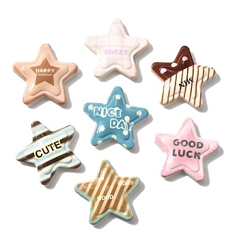 Opaque Resin Cabochons, Star with Word, Mixed Color, 30.5x32x5.5mm