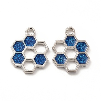Alloy Enamel Pendants, Honeycomb Charm, Platinum, Steel Blue, 19x15x1.5mm, Hole: 2mm