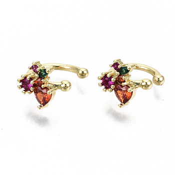 Brass Micro Pave Cubic Zirconia Cuff Earrings, Cadmium Free & Nickel Free & Lead Free, Cherry, Colorful, Real 16K Gold Plated, 1.5mm, Inner Diameter: 9mm