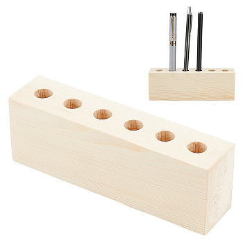 6-Hole Wood Desktop Pen Holder, Rustic Wooden Pen Organizer Holder, Office Tools, Rectangle, Bisque, 3.5x15.5x5.25cm