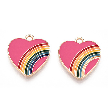 Light Gold Plated Alloy Pendants, with Enamel, Cadmium Free & Lead Free, Heart, Deep Pink, 20x18x1.5mm, Hole: 1.8mm