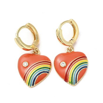 Heart with Rainbow Real 18K Gold Plated Brass Dangle Hoop Earrings, with Cubic Zirconia and Enamel, Coral, 34.5x18mm