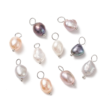 Natural Cultured Freshwater Pearl Pendants, with Brass Ball Head Pins, Two Sides Polished, Platinum, 15~17x6~9x5~7mm, Hole: 3.5mm