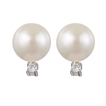 Natural Pearl Ear Studs, with Sterling Silver Micro Pave Cubic Zirconia Findings, Round, Platinum, 11x8mm