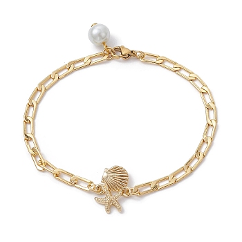 Brass Curb Chain Bracelets, with Alloy Starfish Scallop Shell Shape, for Women, Golden, 8-3/8 inch(21.2cm)