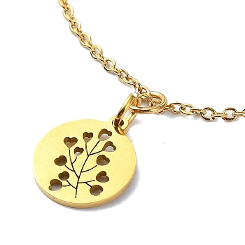 304 Stainless Steel Pendant Necklaces, Flat Round with Flower, Golden, 15.75 inch(40cm)