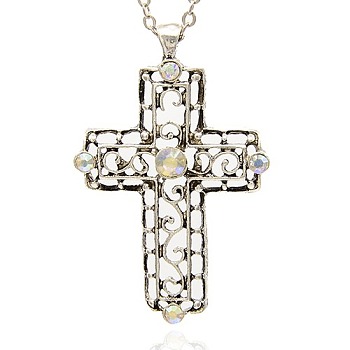 Alloy Medieval Cross Big Pendants, Hollow, with Rhinestone, Antique Silver, Crystal AB, 61x39x5mm, Hole: 3.5mm