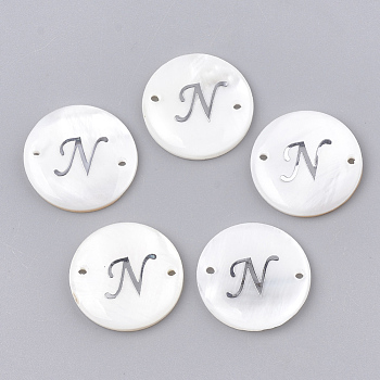 Freshwater Shell Links connectors, with Brass Findings, Flat Round, Platinum, Letter.N, 20~21x3mm, Hole: 1.2mm