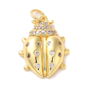 Brass Cubic Zirconia Pendants, with Jump Ring, Ladybug, Real 14K Gold Plated, 20x15.5x4.5mm, Hole: 3.5mm