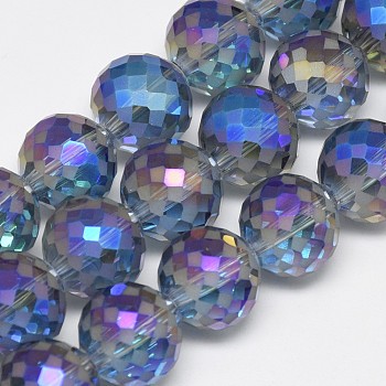 Electroplate Glass Beads Strands, Rainbow Plated, Frosted, Faceted, Round, Royal Blue, 12mm, Hole: 1.5mm, about 50pcs/strand, 22.05 inch
