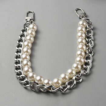 Plastic Imitation Pearl Beaded Double Strand Bag Handles, with Aluminum Curb Chain & Swivel Clasp, Platinum, 30.9cm