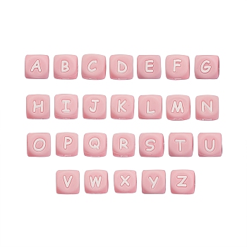 26Pcs 26 Style Silicone Alphabet Beads for Bracelet or Necklace Making, Letter Style, Cube, Pink, 12x12x12mm, Hole: 3mm, 1pc/style