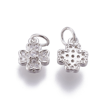 Brass Micro Pave Cubic Zirconia Charms, Flower, Clear, Platinum, 10x8x3.5mm, Hole: 3.5mm