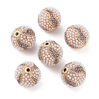 Golden Plated Alloy Rhinestone Beads, with ABS Imitation Pearl, Round, Tanzanite, 16x15mm, Hole: 1.6mm