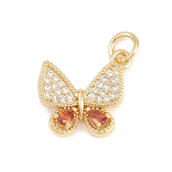Brass Micro Pave Orange Cubic Zirconia Pendants, Long-Lasting Plated, Rack Plating, Lead Free & Cadmium Free, Real 18K Gold Plated, Butterfly, 13x14.5x3.5mm, Hole: 3.5mm