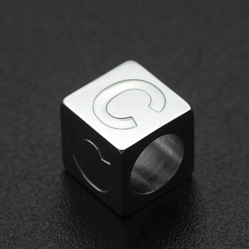 201 Stainless Steel European Beads, Large Hole Beads, Horizontal Hole, Cube, Stainless Steel Color, Letter.C, 7x7x7mm, Hole: 5mm