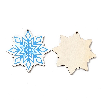 Single Face Christmas Printed Wood Big Pendants, Snowflake Charms, Dodger Blue, 50x50x2.5mm, Hole: 1.6mm