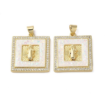Brass Micro Pave Cubic Zirconia Pendants, with Shell, Square, Real 18K Gold Plated, 24x21x4mm, Hole: 4.5x3.5mm