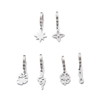 3 Pair 3 Style Star & Clover & Snake & Infinity 304 Stainless Steel Asymmetrical Earrings, Dangle Hoop Earrings for Women, Stainless Steel Color, 26~33mm, Pin: 1mm, 1 Pair/style