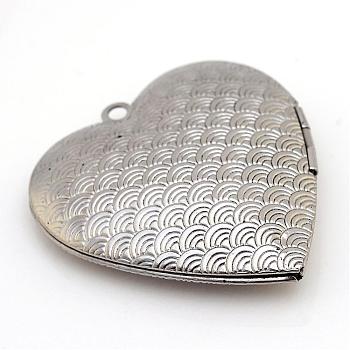 304 Stainless Steel Photo Locket Pendants, Heart Carved Waved Pattern, Stainless Steel Color, 42x40x9.5mm, Hole: 2.5mm, Inner Measure: 30x26mm