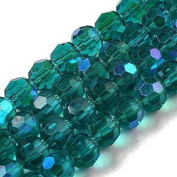 Electroplate Transparent Glass Beads Strands, Faceted, Round, Rainbow Plated, Dark Turquoise, 8mm, Hole: 1mm, about 66~69pcs/strand, 19.29~19.57 inch(49~49.7cm)