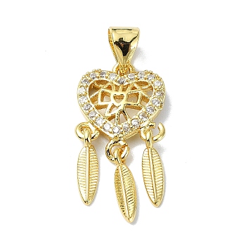 Rack Plating Real 18K Gold Plated Brass Micro Pave Clear Cubic Zirconia Pendants, Long-Lasting Plated, Lead Free & Cadmium Free, Woven Net/Web with Feather, Heart, 22x11x2mm, Hole: 3.5x4mm