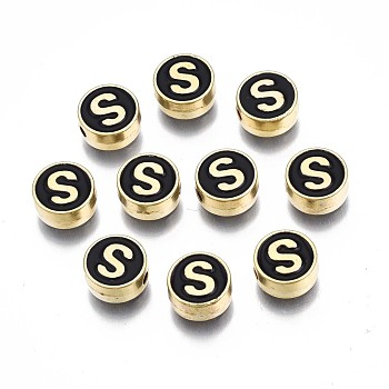 Alloy Enamel Beads, Cadmium Free & Lead Free, Light Gold, Flat Round with Alphabet, Black, Letter.S, 8x4mm, Hole: 1.5mm